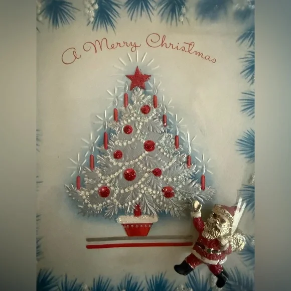 Vintage Adorable Festive Merry Christmas Card with Tree Design and Santa Brooch - Picture 5 of 11